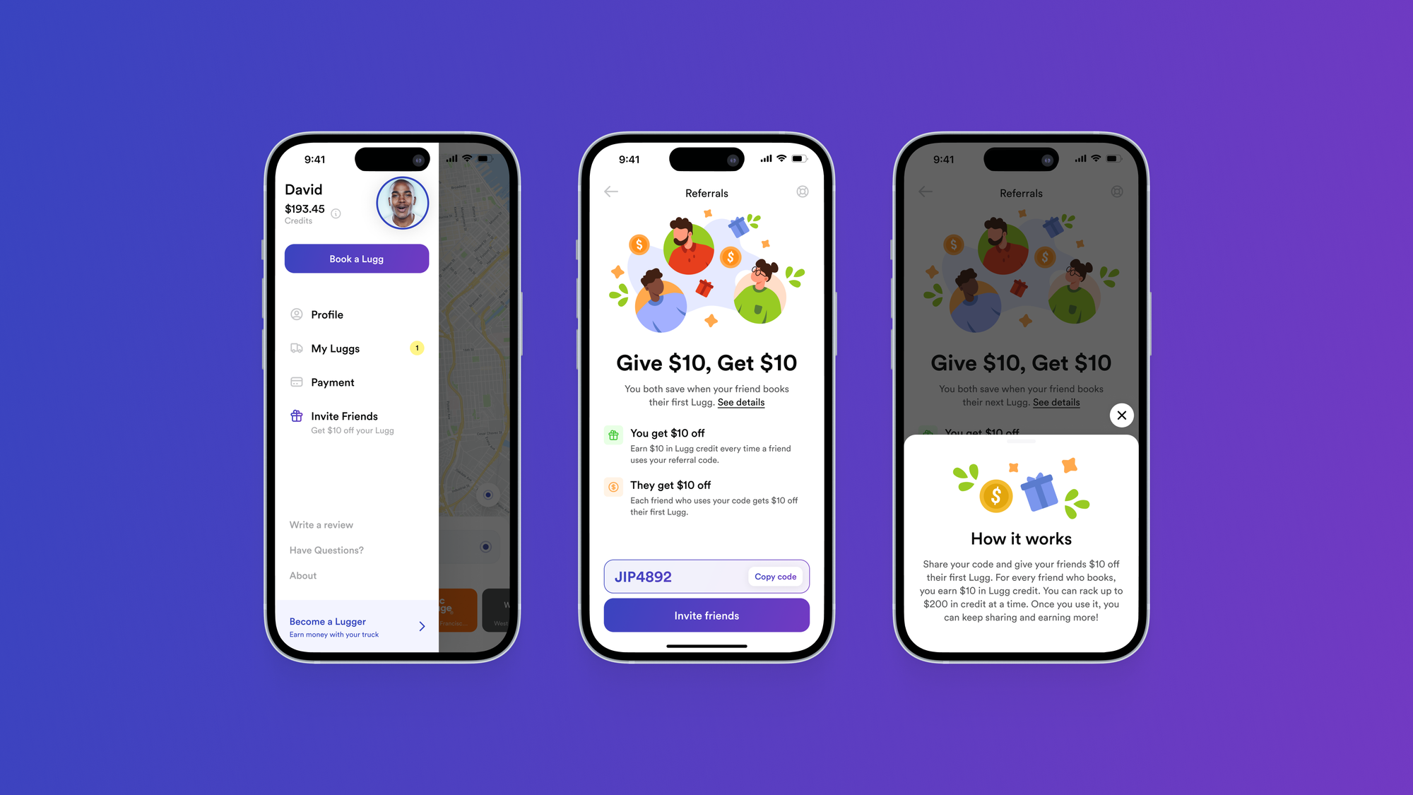 Screenshots of the referral screens inside the Lugg app, showing give $10 get $10 credit offer