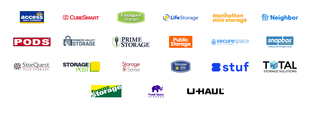 Logos of storage companies that Lugg partners with, such as U-Haul, Public Storage, CubeSmart and more.
