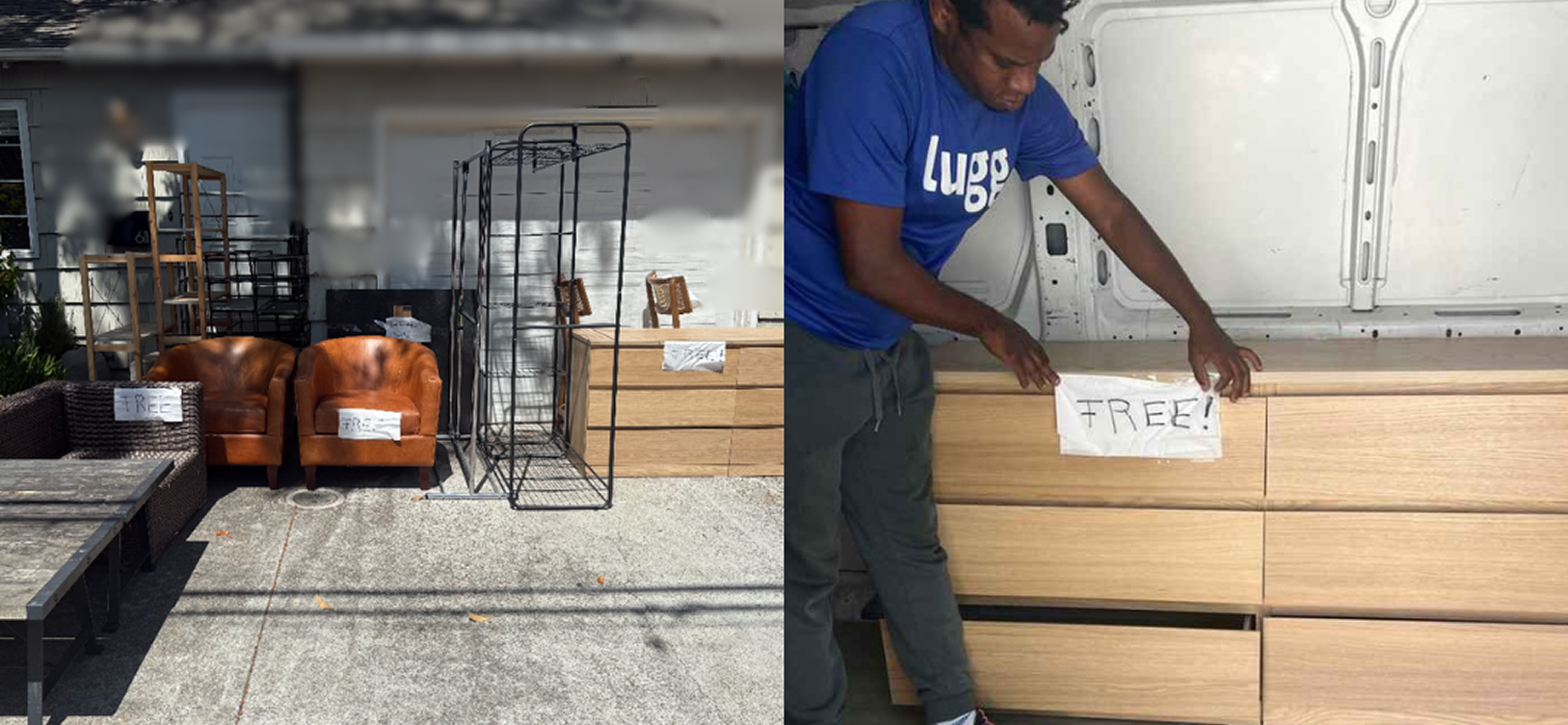 Photo of Lugg helpers loading large secondhand furniture, including a “FREE” sign on a dresser. Highlights donation and buyer pickups through Lugg.