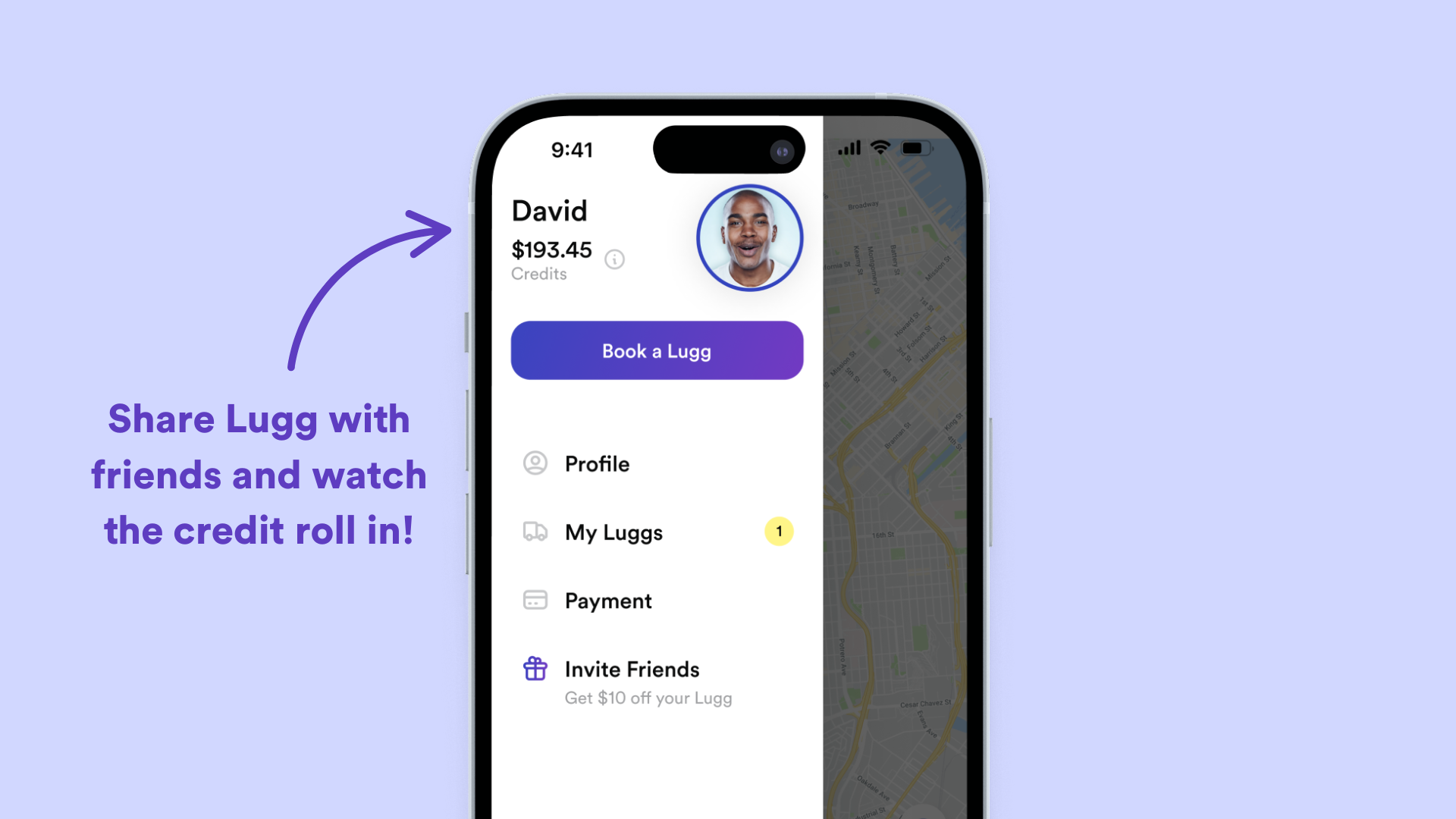 Screenshot of Lugg app showing a customers credits at $193 | Share Lugg with friends and watch the credit roll in!