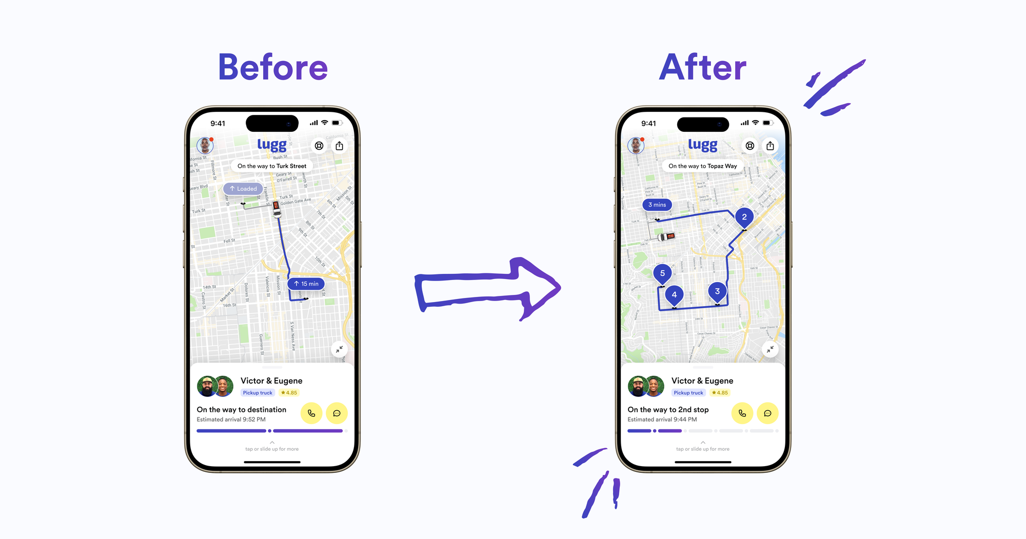 Side-by-side comparison of the old single-stop tracking map and the new Multiple Stops interface featuring five connected stops on the route.