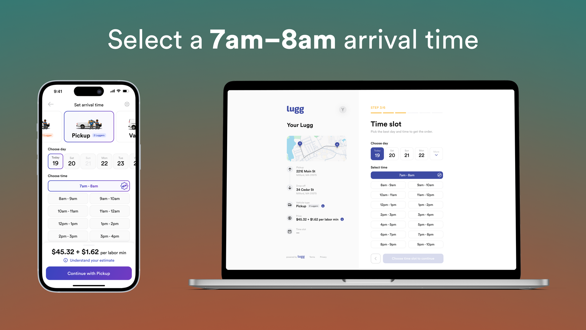 Visual of booking a move with a 7:00–8:00am arrival window in the Lugg app and on the website.