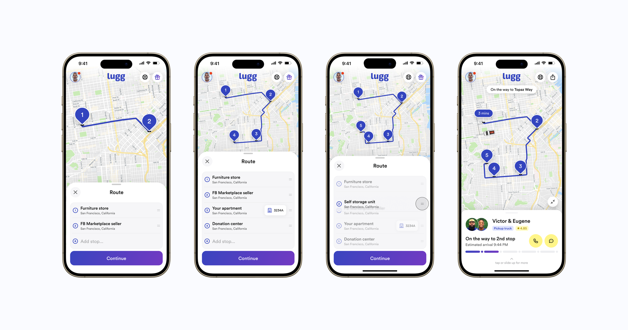 Four iPhone screens showing the complete flow of Multiple Stops: adding stops, previewing the route, editing stops, and viewing the live trip map.