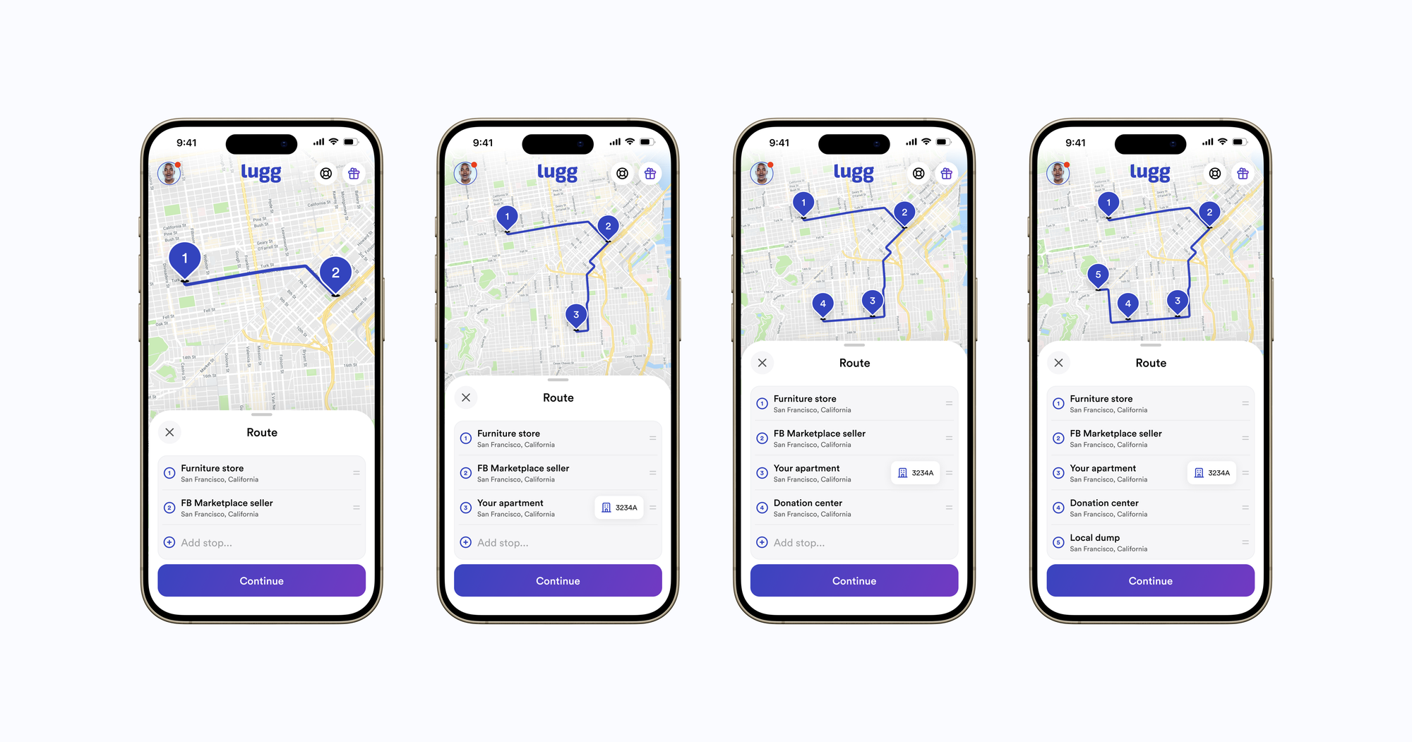 Four iPhone screens demonstrating how adding more stops updates both the map and the stop list to build a complete Multiple Stops route.