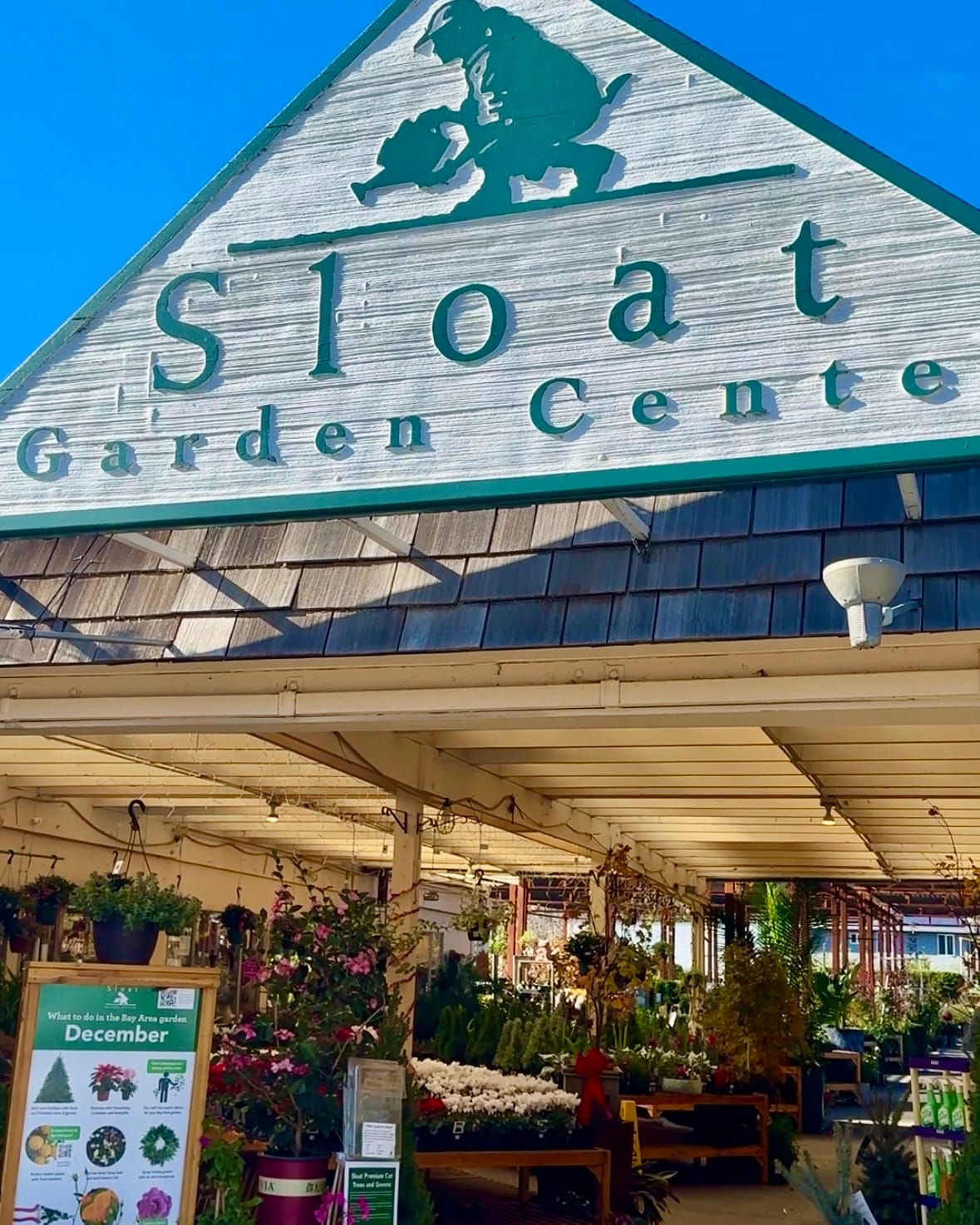 Front entrance of Sloat Garden Center with seasonal flowers and plants displayed under a clear blue sky.