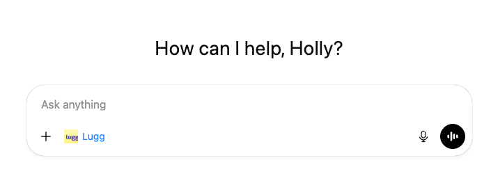 ChatGPT interface showing 'What can I help with?' heading, 'Ask anything' input field, and Lugg app icon with label appearing below the input bar indicating the app is connected and ready to use