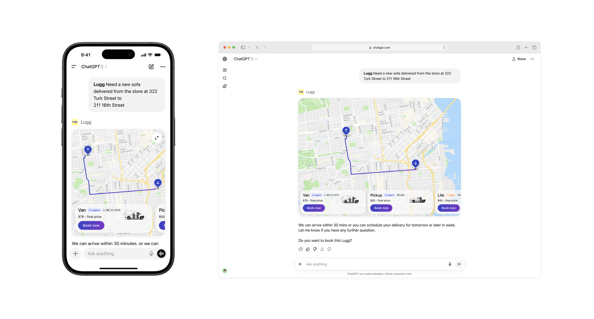 Lugg ChatGPT app showing furniture delivery from a store on mobile and desktop, with Van, Pickup, and Lite truck options and pricing starting at $45