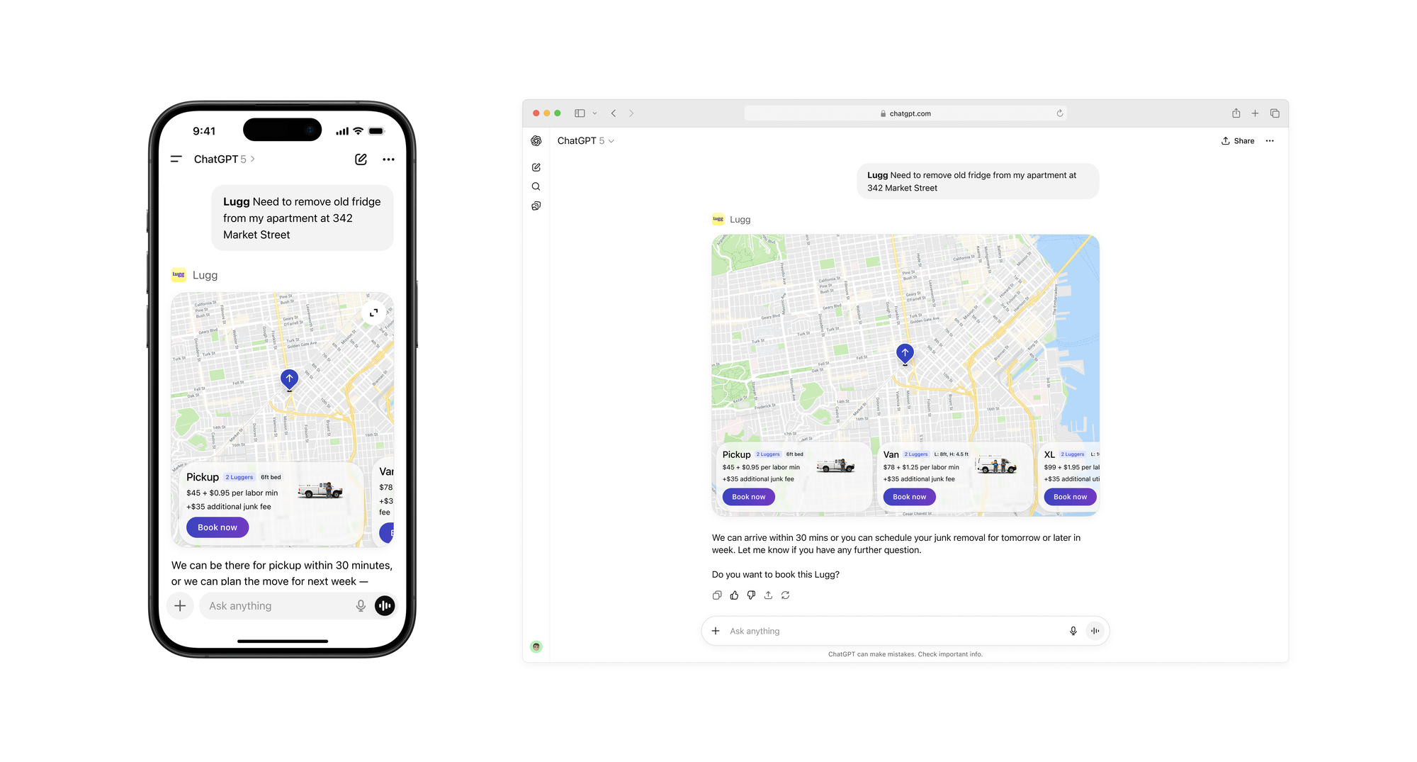 Lugg ChatGPT app showing junk removal for an old fridge on mobile and desktop, with Pickup, Van, and XL options plus additional utilization fee