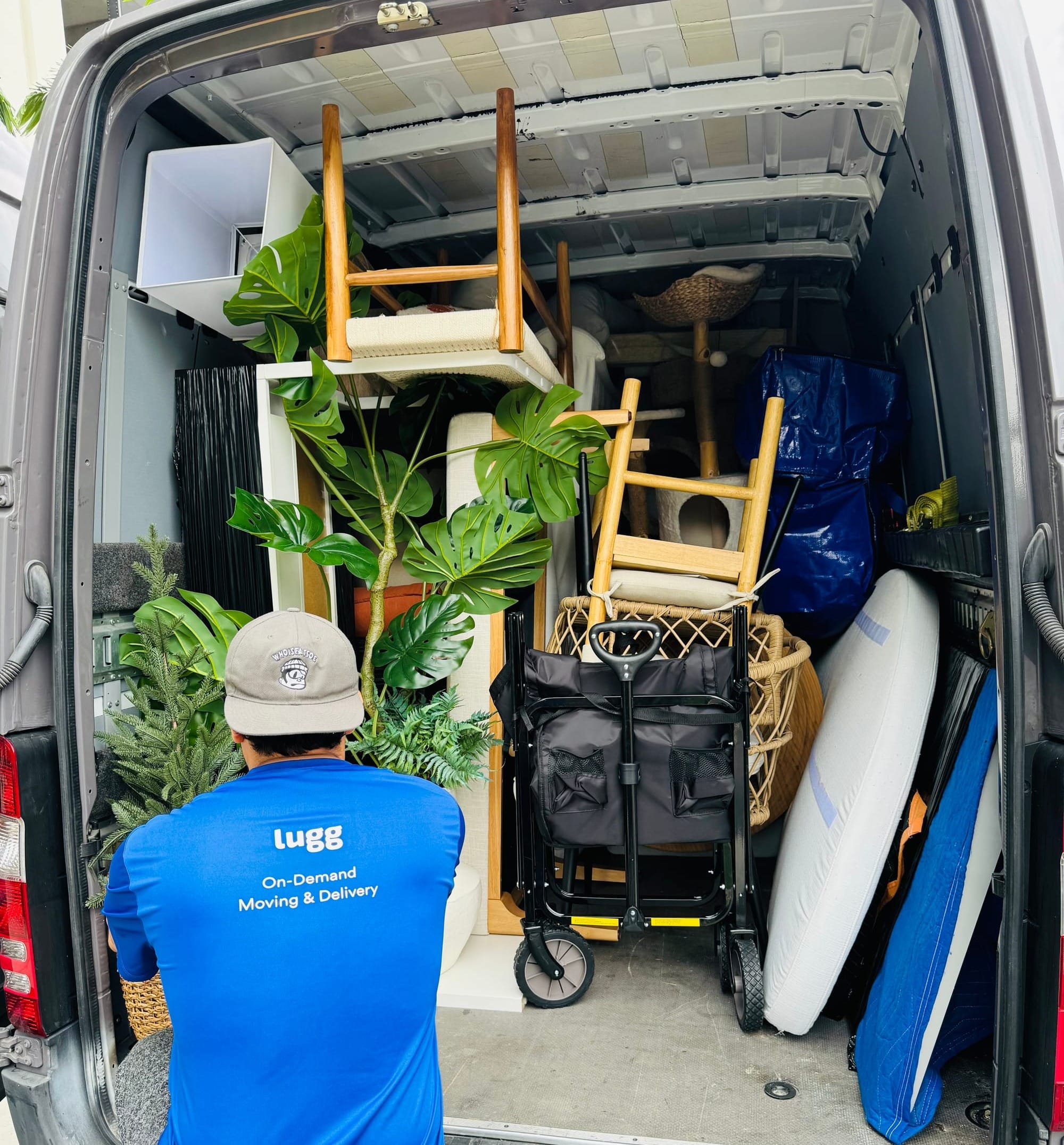 Fully loaded Lugg sprinter van packed floor to ceiling with furniture, plants, and household items
