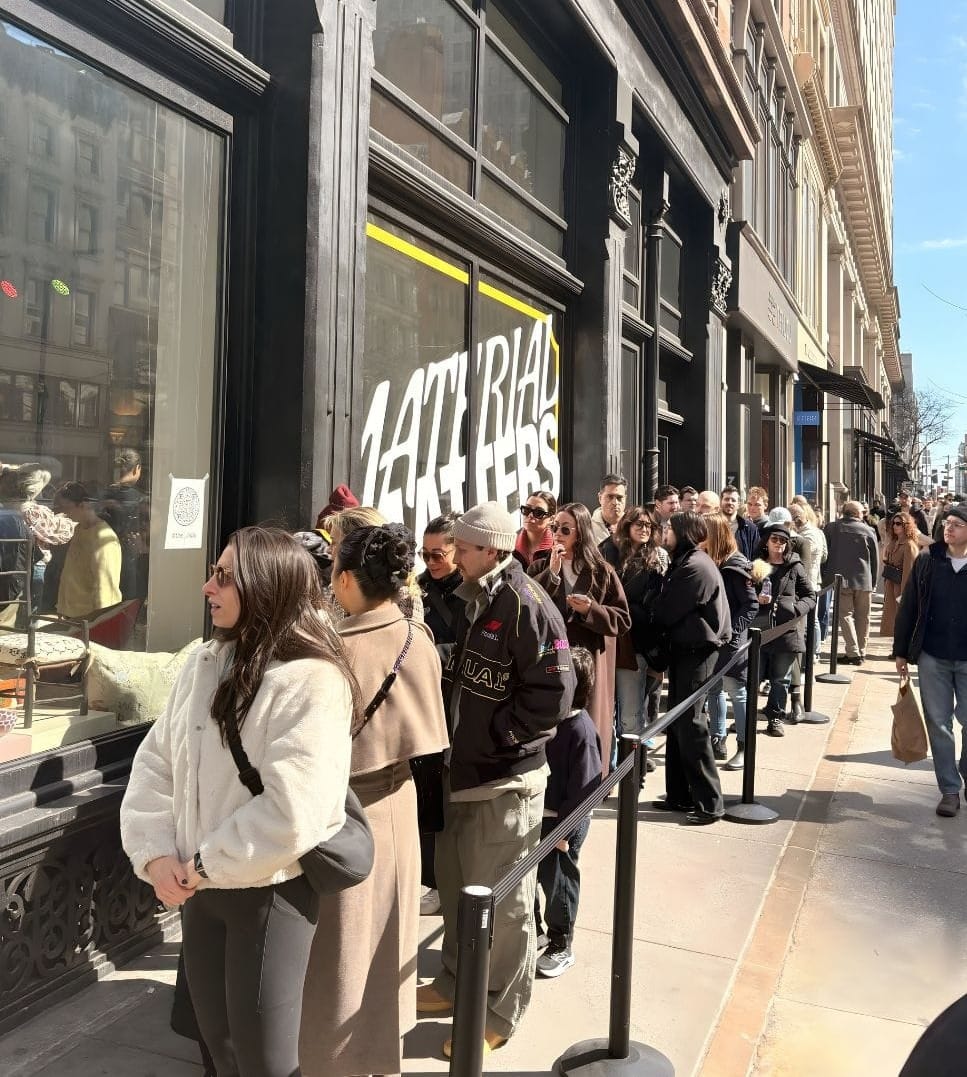 Long line of shoppers waiting outside the Material Matters NYC home show on opening day