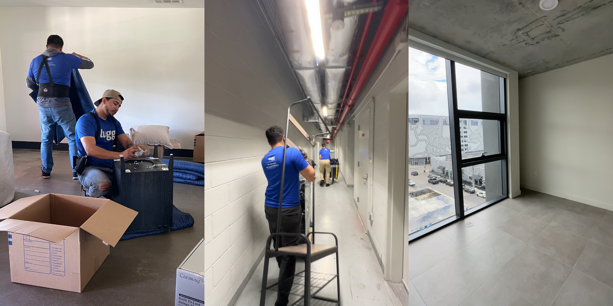 Image 1 (Left): Lugg mover wraps furniture and packs boxes. | Image 2 (Middle): Movers wheel items down a hallway. |  Image 3 (Right): Clean, empt apartment with large windows post-move-out.