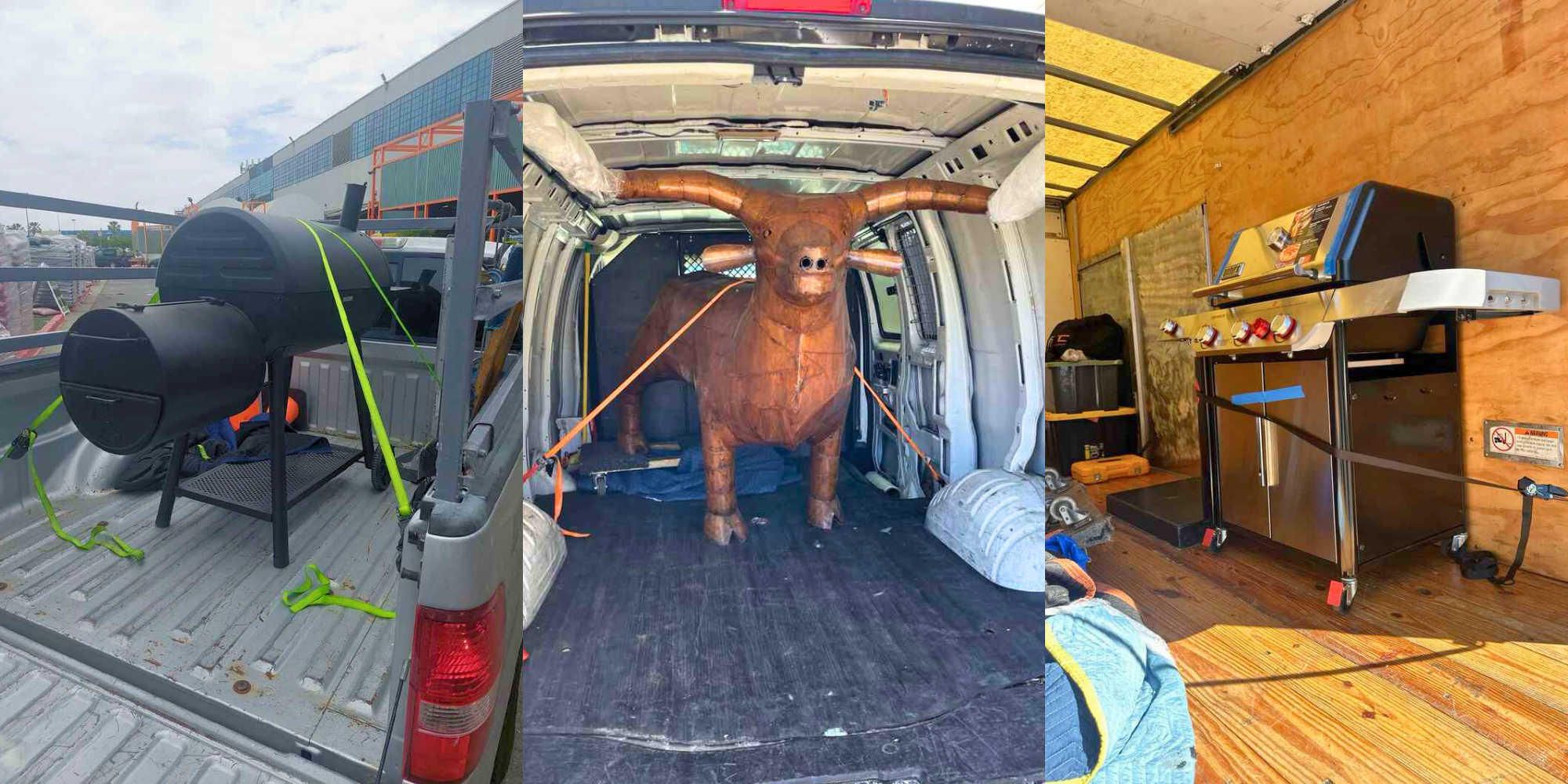 Three different grills loaded in Lugg moving trucks, including one shaped like a large copper bull, showing the range of grill deliveries handled by Lugg.
