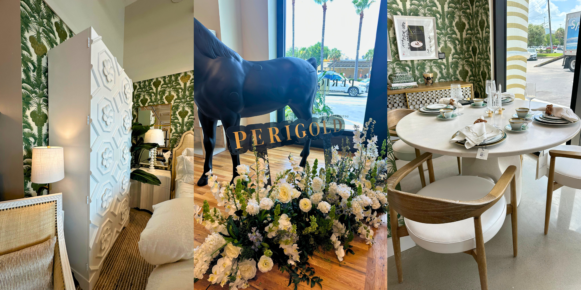Perigold Houston store entrance with floral display, large black horse statue, and signage visible through floor-to-ceiling windows.