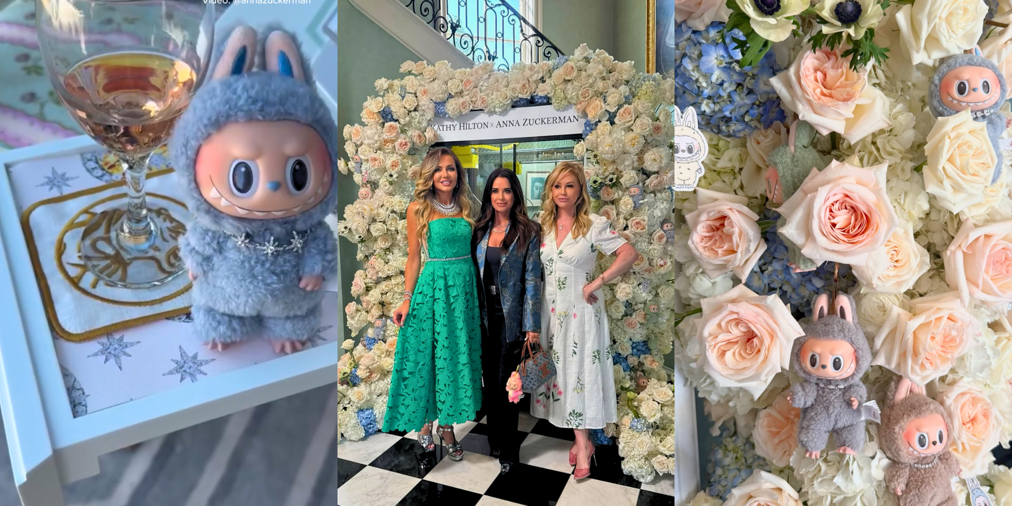 1) a Labubu wearing diamond jewelry 2) Anna Zuckerman, Kyle Richards, and Kathy Hilton posing in front of the claw machine 3) a rose arch decorated with Labubu plush toys.