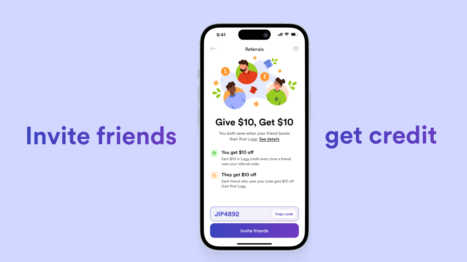 Screenshot of Lugg referral screen inside the app, showing give $10 get $10 credit offer