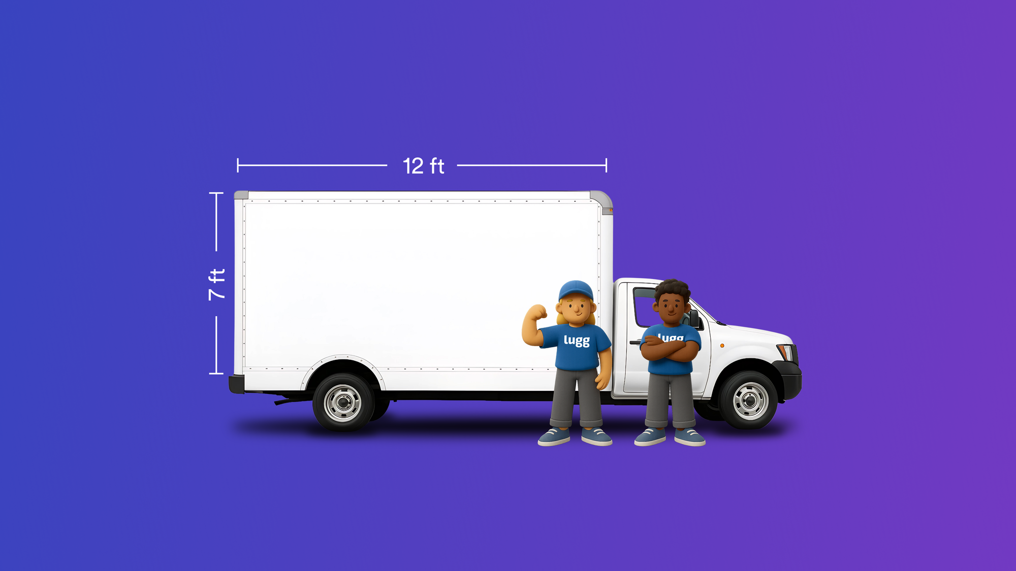 Lugg Box 12-foot by 7-foot box truck with two professional Lugg movers standing in front, demonstrating the standard truck dimensions for Lugg’s same-day moving service.