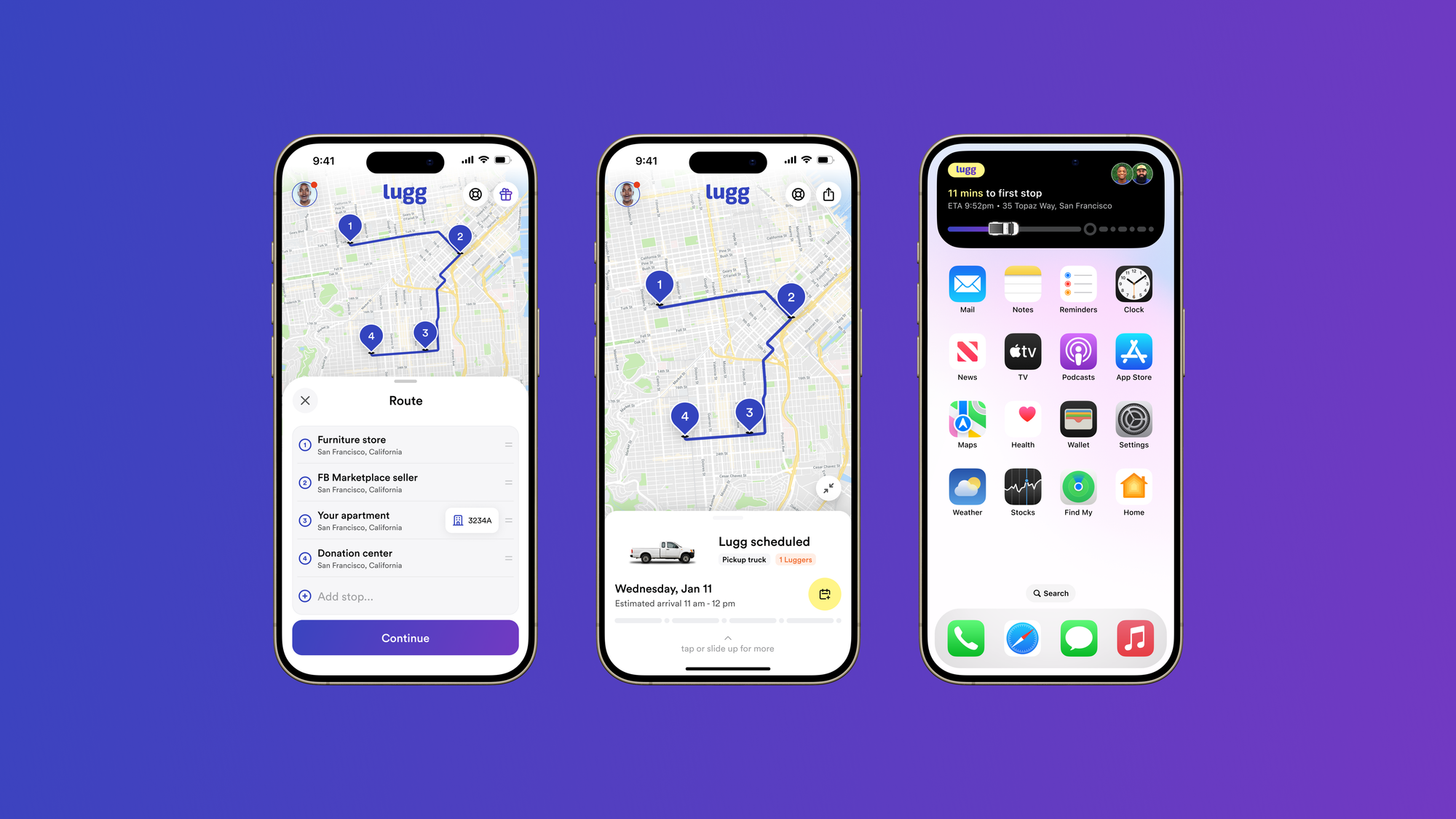 Three iPhone screens showing Lugg’s new Multiple Stops flow: adding several stops, viewing the optimized route on the map, and seeing live trip info in the Dynamic Island.